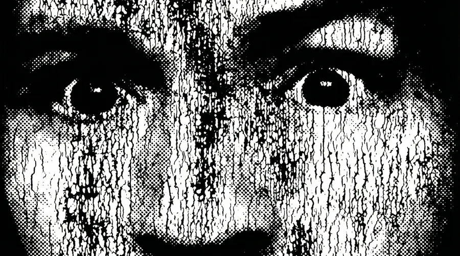 Halftone close-up of eyes, dripping ink, high-contrast